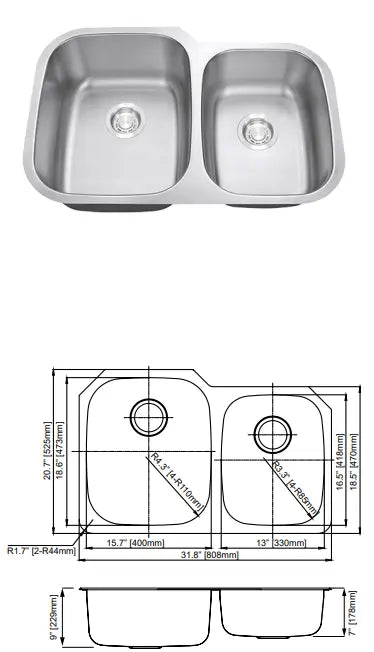 Dakota 6040 Bowl Sink 18 Gauge OD 31-7/8” x 20-3/4” x 9” Y4D6040 Colossal Diamond Tools