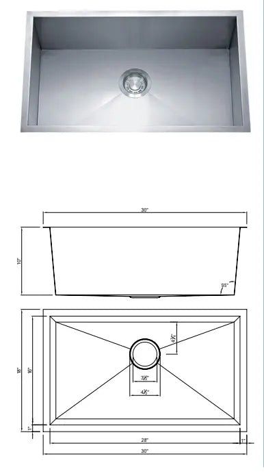Dakota Zero Radius Single Bowl Sink OD 30" x 18" x 10" Y7D3018 Colossal Diamond Tools