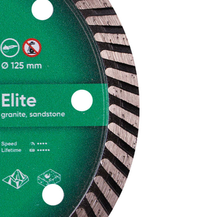 Diamond cutting disc with green label and black and silver rim on a white background