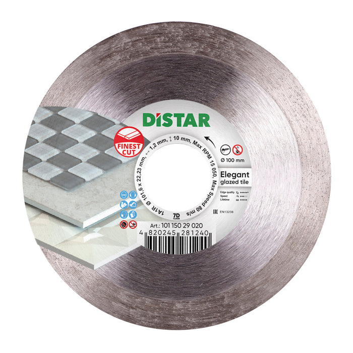 A silver-colored diamond blade with the brand name Distar labeled on it, designed for cutting tiles.