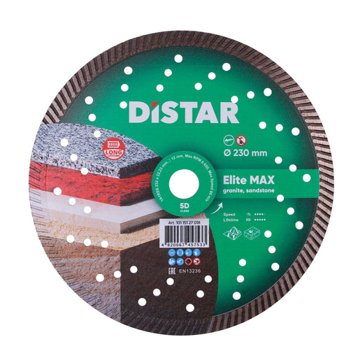 A diamond cutting blade with green coloring and the text 'DISTAR', 'Elite MAX', and '230 mm' displayed on it.