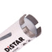 Close-up of a diamond drill bit with a white sleeve labeled 'DISTAR'.