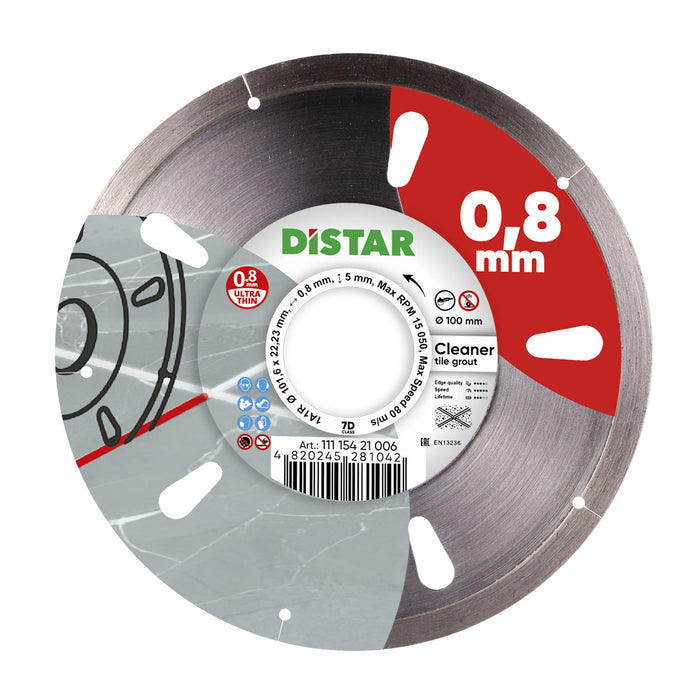 A diamond blade with a silver color, marked with the brand name Distar and the thickness of 0.8 mm.