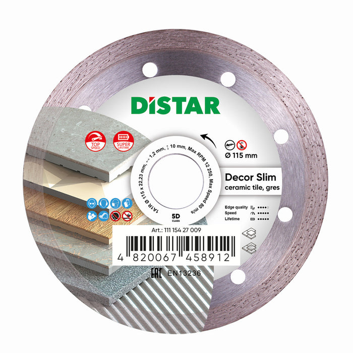 Diamond blade with the brand name DISTAR, model DECOR SLIM 5D, diameter 115 mm, with an image of tiles on the blade surface, indicating its use for cutting ceramic and porcelain tiles.
