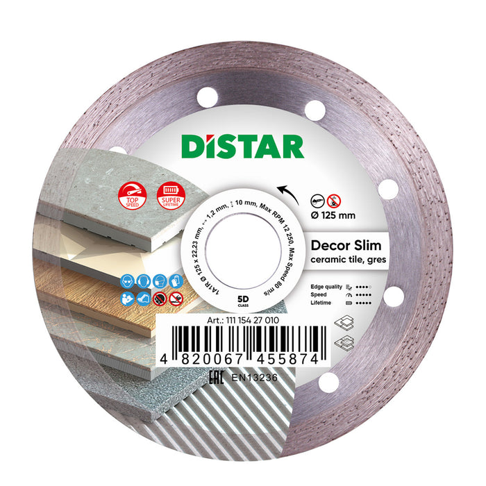 Diamond blade with the brand name DISTAR, model DECOR SLIM 5D, diameter 115 mm, with an image of tiles on the blade surface, indicating its use for cutting ceramic and porcelain tiles.