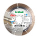 A Distar brand diamond cutting disc for ceramics and porcelain gres, with a size of 115mm, designed for use with water-cooled systems. The image shows the disc, some tiles, and the text detailing the product specifications.