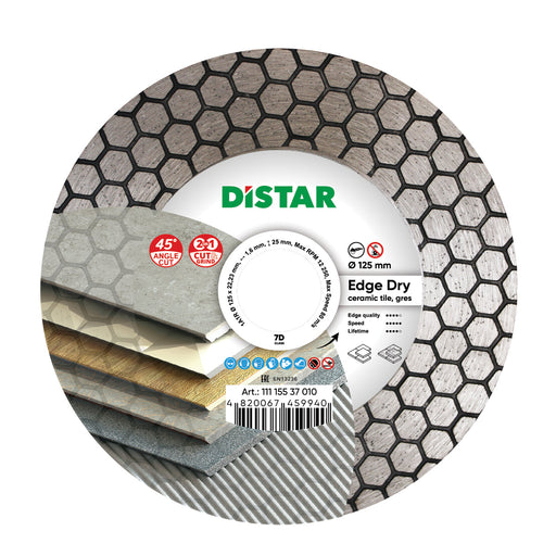 A diamond blade with a honeycomb layer pattern, labeled 'DiSTAR', designed for cutting ceramic tiles at a 45-degree angle, with specifications mentioned as 125 mm diameter and 22.2 mm bore diameter.