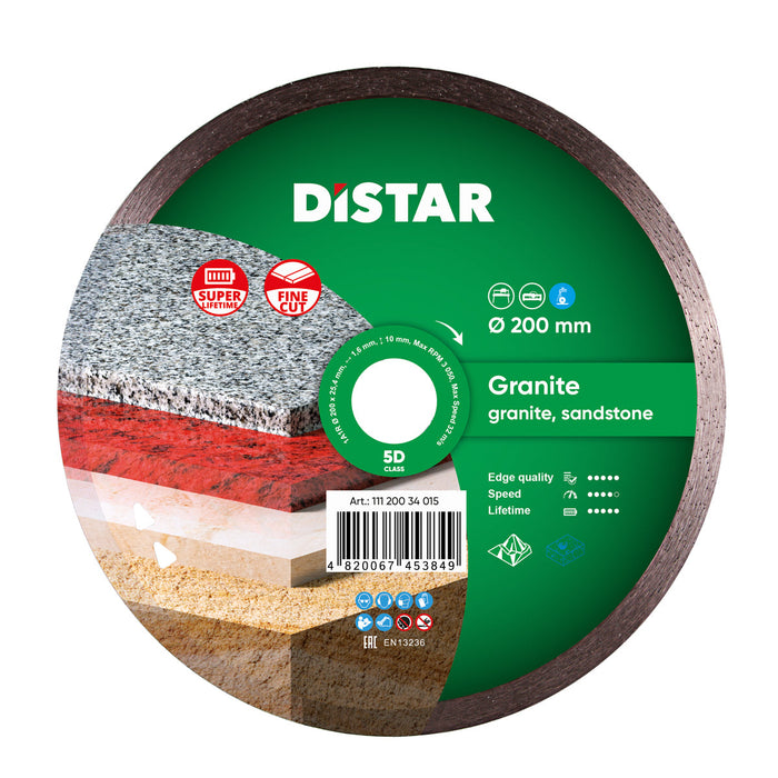 Diamond blade for cutting granite, with green label and multiple holes for different saw sizes.