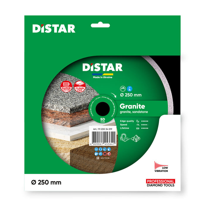 Distar diamond disc packaging for granite and sandstone with green and white design.