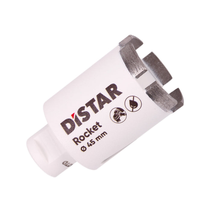 A white segmented diamond drill bit with the brand name Distar written on it.