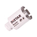 A white segmented diamond drill bit with the brand name Distar written on it.