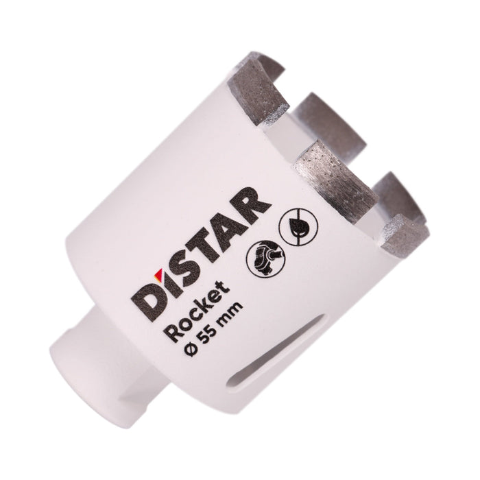 A white segmented diamond drill bit with the brand name Distar written on it.