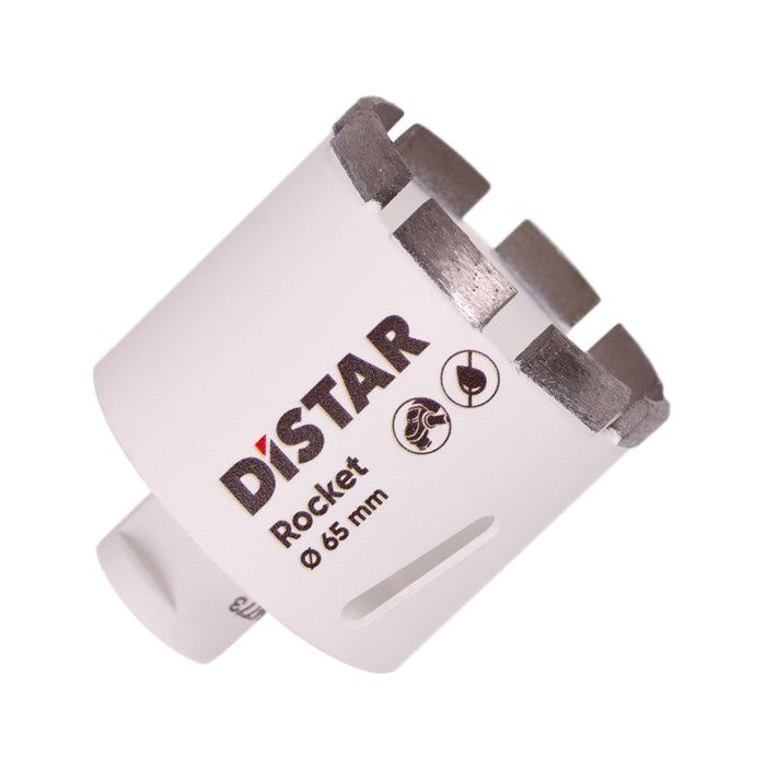 A white segmented diamond drill bit with the brand name Distar written on it.