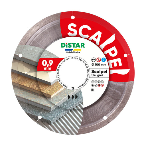 A diamond blade with red and white branding for cutting ceramics and porcelain stoneware, labeled 'Scalpel', with a thickness of 0.9 mm and a bore diameter of 22.