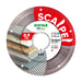 A diamond blade with red and white branding for cutting ceramics and porcelain stoneware, labeled 'Scalpel', with a thickness of 0.9 mm and a bore diameter of 22.