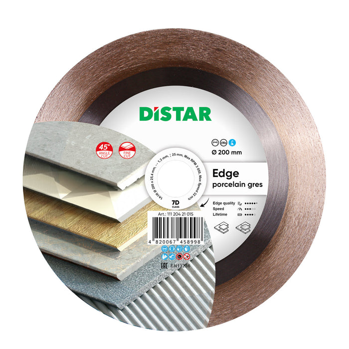 Diamond cutting blade with a label indicating 'Edge porcelain gres', diameter 200 mm, with images of tiles it's compatible with.