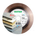 Diamond cutting blade with a label indicating 'Edge porcelain gres', diameter 200 mm, with images of tiles it's compatible with.
