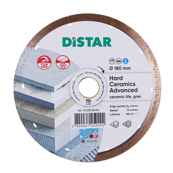 A diamond cutting blade with a label that reads 'DISTAR' and 'Hard Ceramics Advanced.' The blade is intended for cutting porcelain gres and hard ceramics, with a diameter of 180 mm and a hole size of 25.