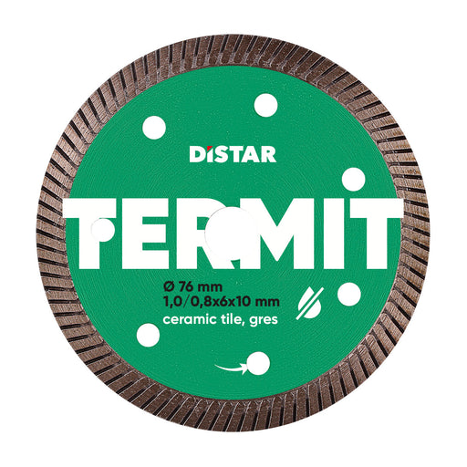 A green and white product label for Distar 'TERMIT 76 mm' diamond cutting disc, indicating its diameter and 1.0 mm thickness, primarily for cutting ceramic tile.