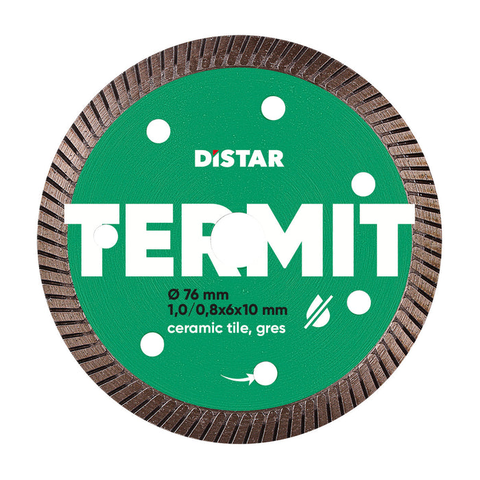 A green and white product label for Distar 'TERMIT 76 mm' diamond cutting disc, indicating its diameter and 1.0 mm thickness, primarily for cutting ceramic tile.