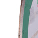 Close-up of a green and white sign with text and graphics on a wooden post.