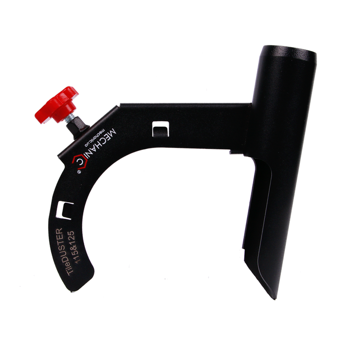 A black angle grinder cutting guard accessory, designed for removing dust during the grinding of ceramic tiles, porcelain gres, granite, and marble.