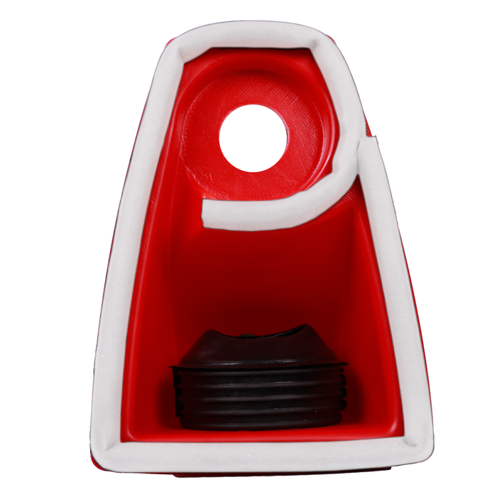 A red and white Mechanic HomeDuster 40 dust collection device for drilling, showing the body with a black rubber seal inside.