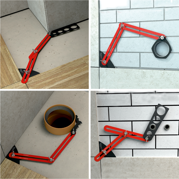 Installer using TileTEMPLATE to mark socket hole on porcelain tile