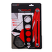 Tile template packaging with red and black design on a white background