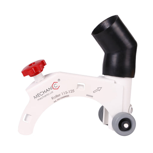 A white roller accessory attachment for angle grinders, with black and red parts, designed to assist in cutting ceramic tiles.