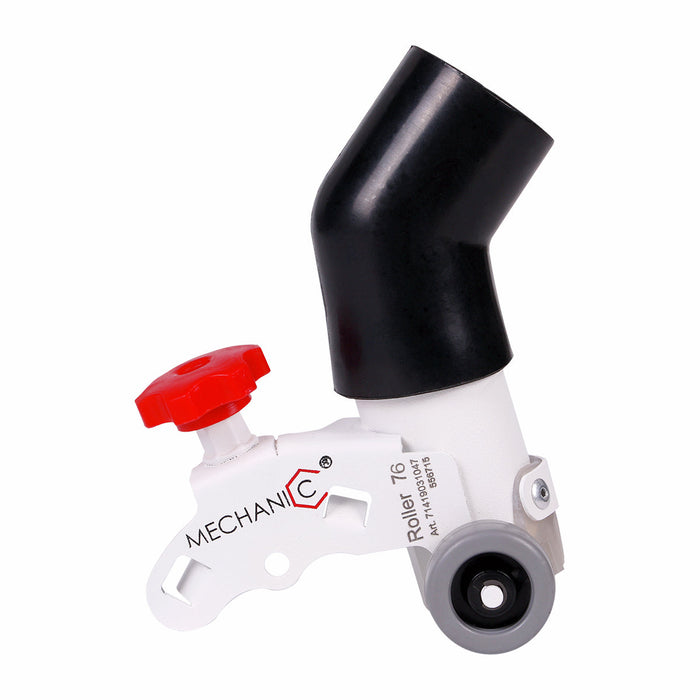 A white angle grinder attachment with a black nozzle and red knob labeled 'MECHANIC Roller 76' for cutting ceramic tiles.