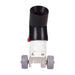 Black cylindrical object with wheels on a white background