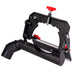 Black angle grinder attachment with red adjustment screws and a nozzle, designed for perfecting edges of ceramic tiles.
