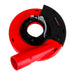 A red and black dust collector cover for an angle grinder, with a spring-loaded brush and a universal locking system.