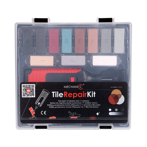Tile Repair Kit by Mechanic in a transport case with various items including repair wax in different colors, a soldering iron, a rag, a sponge, and a leveling plate.