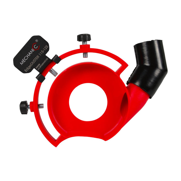 A red dust collector attachment for an angle grinder, with black details and a label that reads 'Mechanic'.