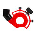 Red and black mechanical device on a white background