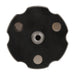 Black metal wheel hub cap with four lug nuts on a white background