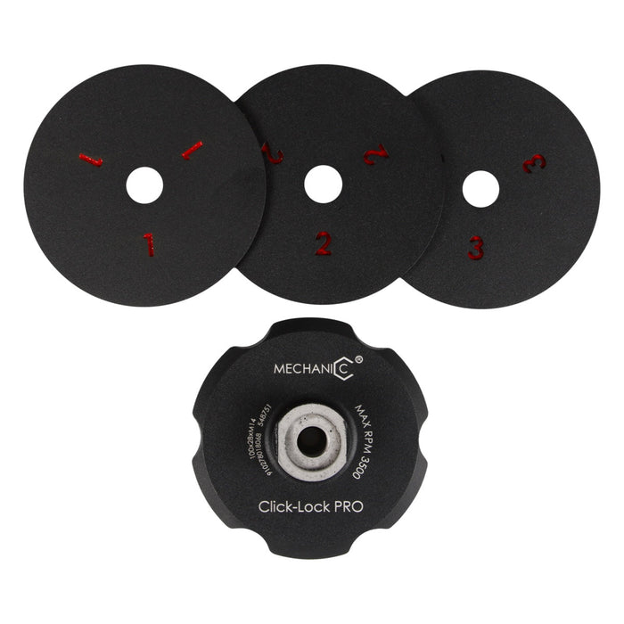 Three black pulley wheels with numbers and a MECHANIC Click-Lock PRO pulley on a white background.