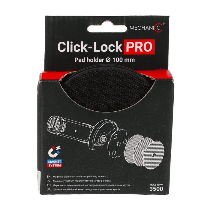 Mechanic Click-Lock Pro pad holder packaging with black pad and branding details.