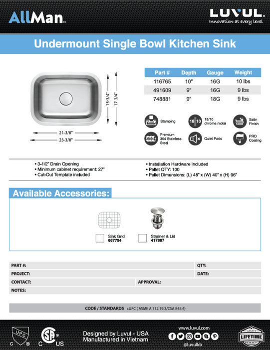 Utility Stainless Steel Sink 23x18 Y6DG102