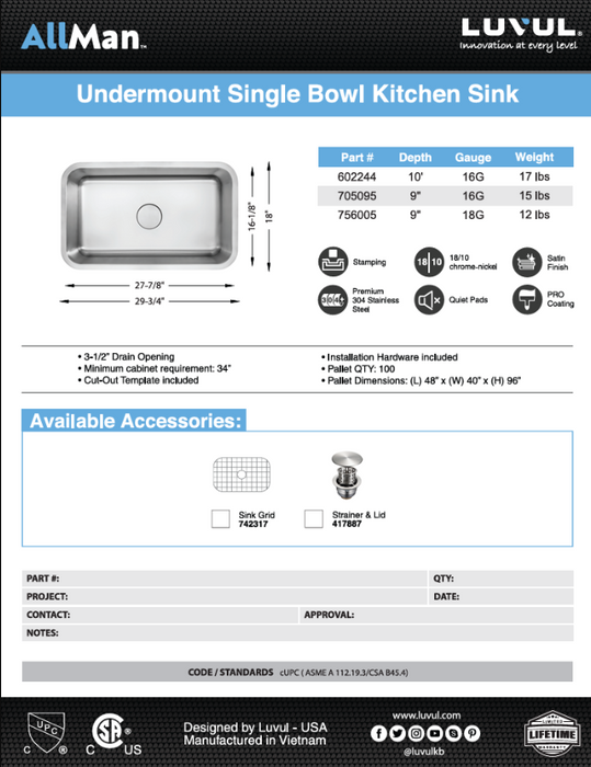 Single Bowl Stainless Sink 16 Gauge Y4DG301816