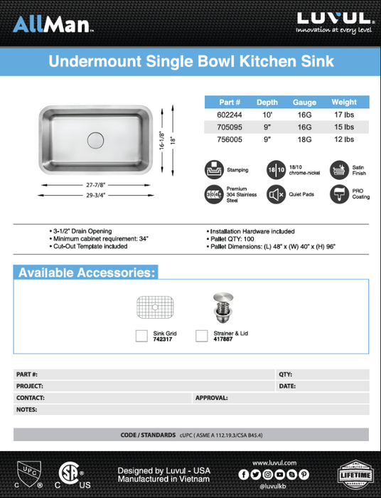 Single Bowl Stainless Sink 18 Gauge