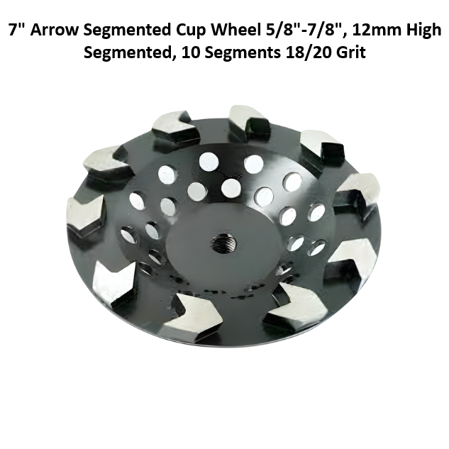 7" Arrow Segmented Cup Wheel 5/8"-7/8", 12mm High Segmented, 10 Segments 18/20 Grit