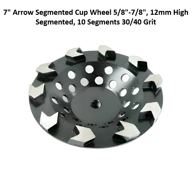 7" Arrow Segmented Cup Wheel 5/8"-7/8", 12mm High Segmented, 10 Segments 30/40 Grit