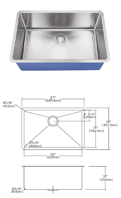 Dakota Zero Radius Single Bowl Sink OD 27" x 18" x 10" Y7D2718 Colossal Diamond Tools, LLC