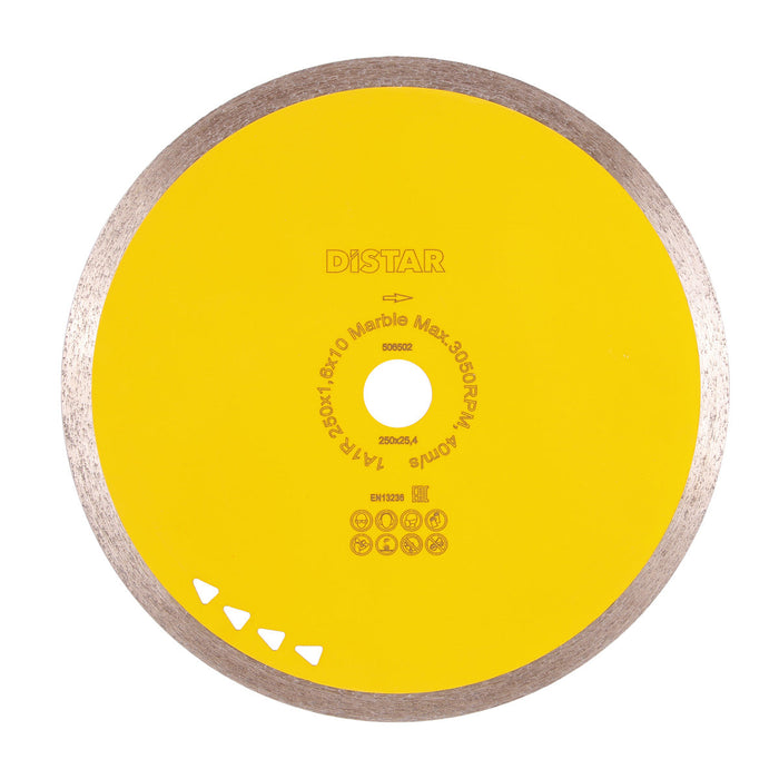 A diamond blade with yellow and black color scheme, designed for cutting marble and other natural stones.