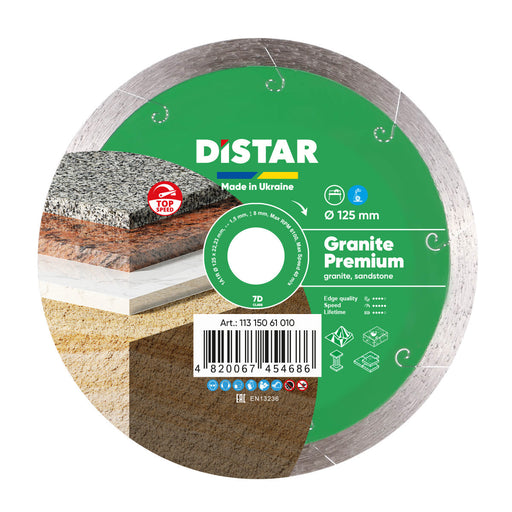 Diamond cutting disc with Distar branding and granite premium label on a white background