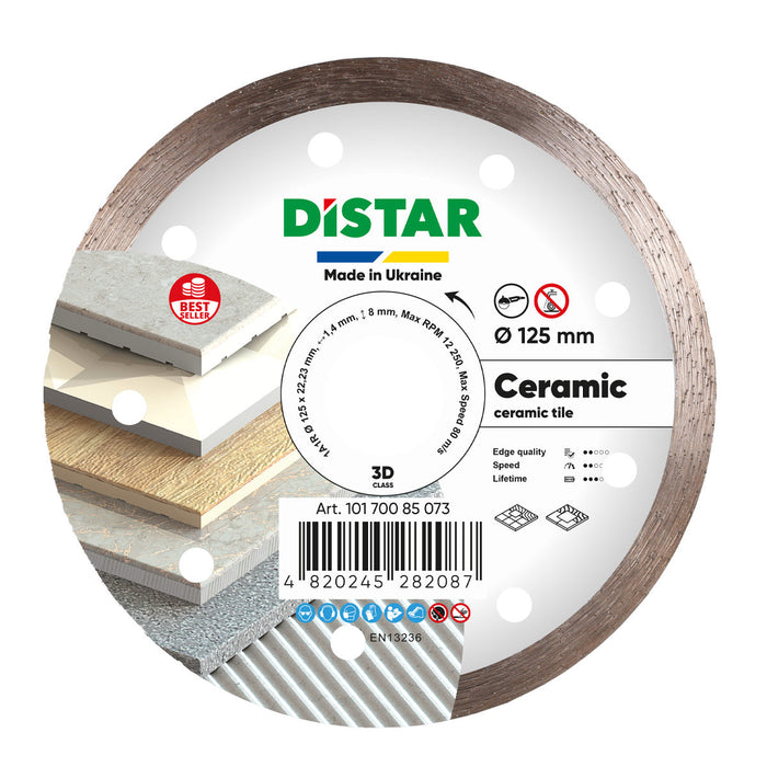 Diamond cutting blade for ceramic tiles, with a size of 125 mm, made by Distar, Ukraine.