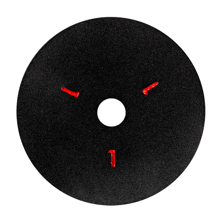 A black fixing plate with red markings for mounting on an angle grinder.